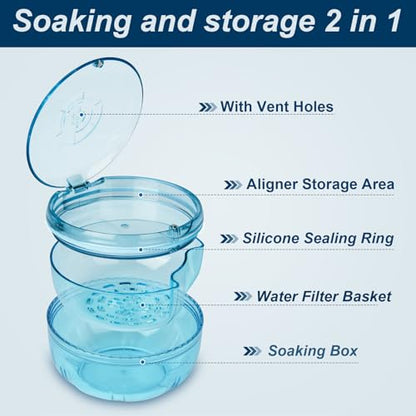 Retainer Cleaner Case,Double Layer Denture Cup for Soaking - color: Blue