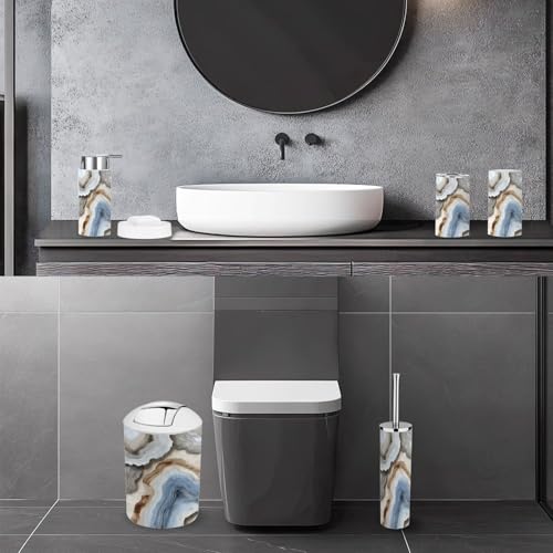 Bathroom Accessory Set 6 Piece Blue Marble Grey Gold Abstract Trash can, Toothbrush Holder, Toothbrush Cup, Soap Dispenser, Soap Dish, Toilet Brush Holder - color: Color5