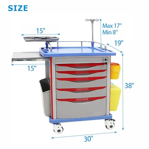 Crash Cart with Accessories - Mobile Emergency Treatment Trolley with IV Pole, Cardiac Board, O₂ Tank Holder, Trash Bin & Drawers for Clinic Nursing Center