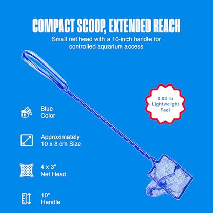 Penn-Plax Quick-Net Aquarium Fish Net - Fine Mesh, Vinyl-Covered Braided Handle - Small Aquarium Cleaning Tool for Gentle Fish Handling - Use in Freshwater & Saltwater Tanks - color: Blue, size: 4" Net - 10" Handle