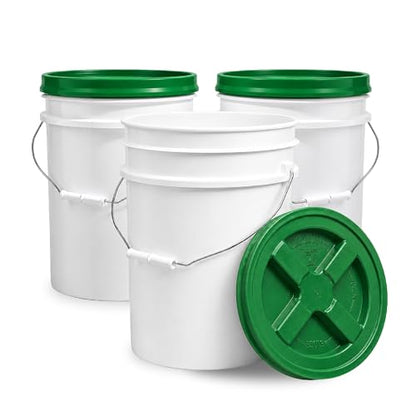 5 Gallon Bucket - Food Grade Bucket with Airtight Gamma Seal Screw-On Lid, BPA-Free, Heavy-Duty 90 Mil HDPE Plastic, Bulk Storage, Durable Container, Made in USA, White/Green, 3 Packs