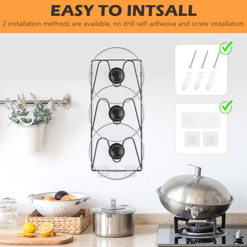 Pot Lid Organizer for Cabinet Door, 2 Pack 3-Tier Wall Mount Lid Holder Rack, Adhesive or Screw Install, Iron Storage for Lids Baking Sheets and Cutting Boards, 6.3 x 2.4 x 13.58 In, Black