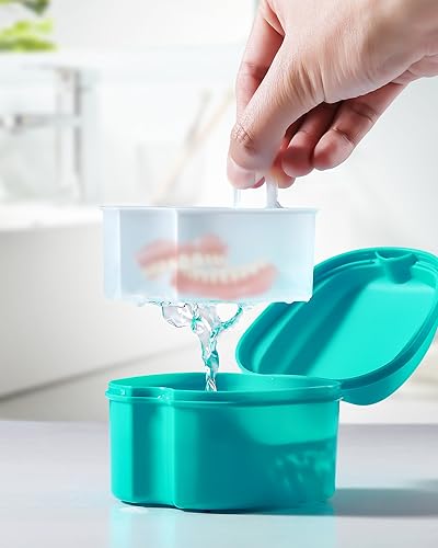 JMU 2 Pcs Denture Bath Case, Denture Cup with Strainer Basket Tray - color: Navy Blue,Teal Blue