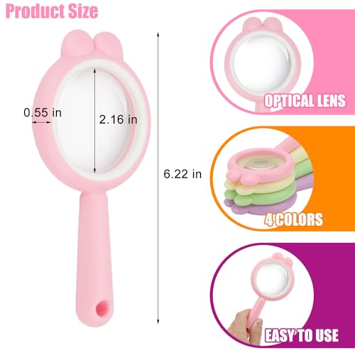 Rongon Small Magnifying Glass 4X Drop Resistant Magnifier Lenses Mini Handheld Magnifying Lenses Learning Tool for Children Class Outdoor Observation Party Fun Tool - color: Pink