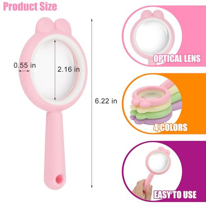 Rongon Small Magnifying Glass 4X Drop Resistant Magnifier Lenses Mini Handheld Magnifying Lenses Learning Tool for Children Class Outdoor Observation Party Fun Tool - color: Pink