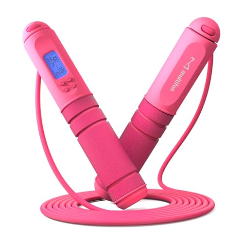 multifun Smart Digital Jump Rope with Counter - Speed Skipping Rope for Fitness, CrossFit & Double Unders - 1/3 CoG Balance, Anti-Slip Handles for Men Women - color: Classic | Rosepink