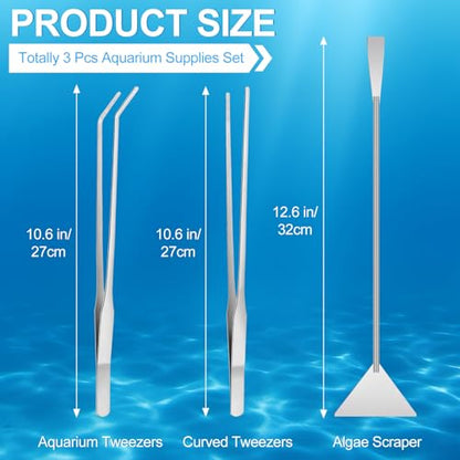 Terrarium Supplies 3 PCS, Stainless Steel Aquarium Supplies Set, Include Long Aquarium Tweezers, Curved Tweezers, Algae Scraper for Fish Tank Cleaning Plant Trimming