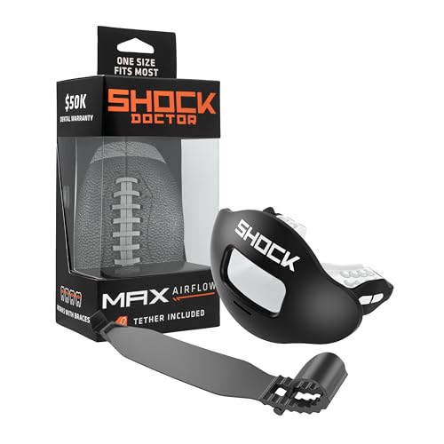 Shock Doctor Lip Guard, Adult and Youth Mouth Guard Football with Strap, Breathable Wide Opening Football Mouthpiece for Youth and Adults OSFA, Shock Doctor Mouth Guards, Max Airflow - color: Black/White