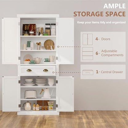 72" Kitchen Pantry,Tall Storage Cabinets with Doors and Shelves,Freestanding Pantry Cabinet for Bathroom,Dining Room and Living Room (Standard White) - color: Standard White