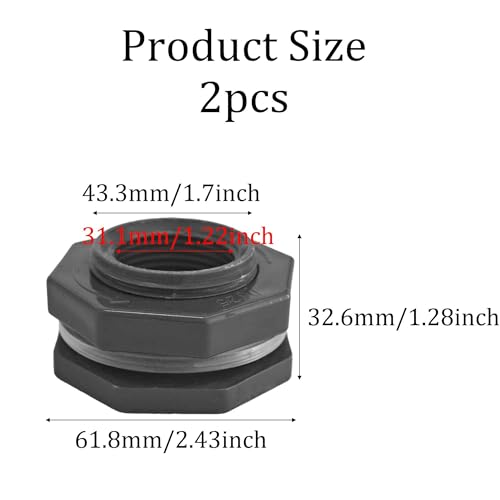2PCS 1" PVC Bulkhead Fitting, Threaded Tank Connector for Rain Barrels Aquariums Water Tanks, Thru-Wall Pipe Adapter for Pools and Ponds