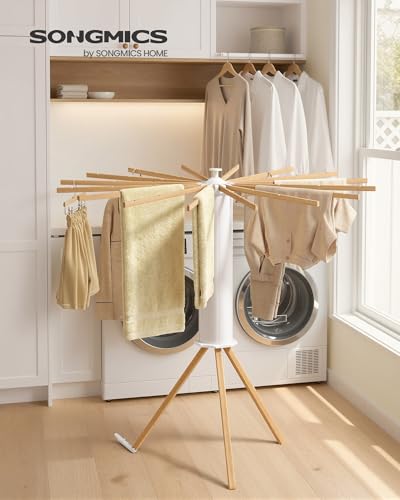 SONGMICS Clothes Drying Rack, Foldable Rotary Tripod, 16 Pull-Out Wood Arms - style: Wood Arms