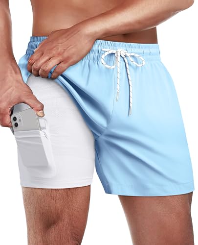 Gleeease 5 Inch Mens Swim Trunks with Compression Liner Men's Bathing Suit - color: Light Blue, size: X-Large