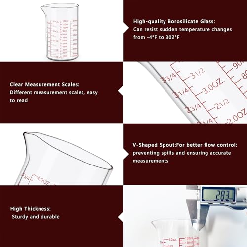Measuring Cup Set 30ml L(1oz), 60ml (2oz), 120ml (4oz), 250ml (8oz), 4 Piece Glass Liquid Measuring Beakers, High Borosilicate Glass Measuring Cup, V-Shaped Spout