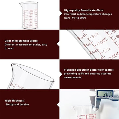 Measuring Cup Set 30ml L(1oz), 60ml (2oz), 120ml (4oz), 250ml (8oz), 4 Piece Glass Liquid Measuring Beakers, High Borosilicate Glass Measuring Cup, V-Shaped Spout