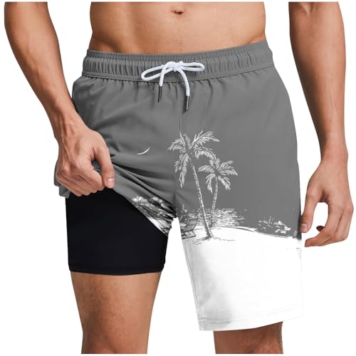 Men's Swim Trunks with Compression Liner Drawstring Bathing Suits Board Beach Shorts with Pockets - color: Gray, size: Medium