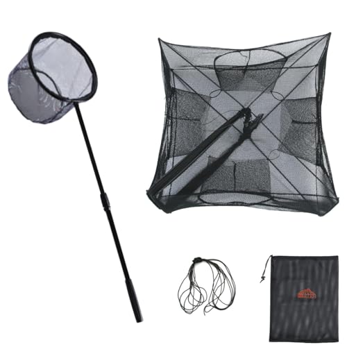 Fishing Bait Trap Collapsible Fish Bucket Net Lightweight Aluminum Pole Non-Slip Handle Catch Small Fish Crab Crawfish Cage 4 Hole