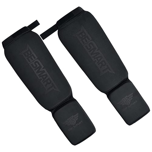 Be Smart MMA Shin Guards for Kickboxing, Muay Thai & Martial Arts – Padded Instep Protection, Lightweight Cotton Elastic Shin Pads – Adult & Youth Training Gear - color: Black/Black, size: Small-Medium