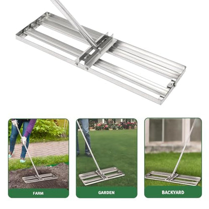 Lawn Leveling Rake - 30'' x 10'' Stainless Steel Lawn Leveler, Heavy Duty Ground Plate Rake for Yard, with Adjustable 72'' Long Handle, Effort Saving Lawn Level Tool for Farm, Garden, Golf Lawn