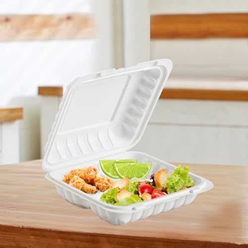 7.8" 30oz 3 Compartment Food Containers - Shrink Wrap Ready to Use | 65 Pack Mineral Filled PP Clamshell | BPA Free Freezer Microwave Safe | Reusable White Lunch Box for Leftovers, Take Out - size: 7.8 inch 30 oz