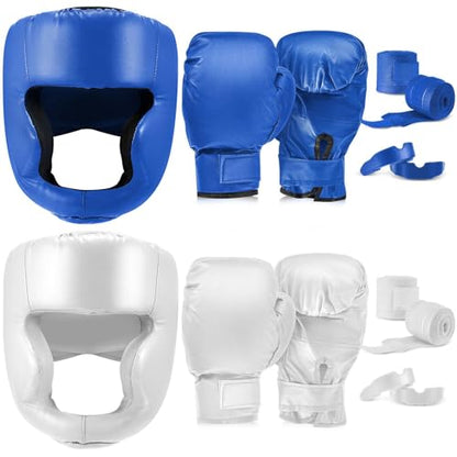 Kanayu 14 Pcs Boxing Gloves and Headgear Set for Beginners Youth 16 Ounce Boxing Gloves Headgear Helmet Hand Wraps Mouth Guards Equipment for Beginners Training Equipment Gifts - color: Blue, White
