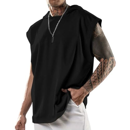 domirica Mens Relaxed Hooded Tank Tops Abstract Print Crewneck Casual Breathable Summer Fitness Sleeveless Shirt - color: Black, size: X-Large