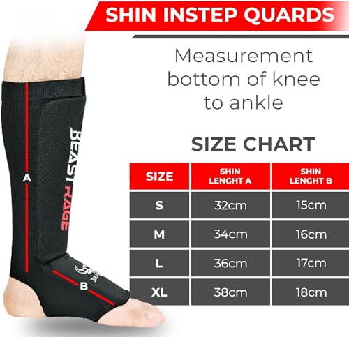 BEAST RAGE Shin Guards for Muay Thai, Kickboxing, MMA Leg Guards Martial Arts Taekwondo, Boxing, Elasticated Sock Padded Leg Instep Pads, Shin Pads,Sparring Training, Karate BJJ - color: BLACK RED, size: X-Large