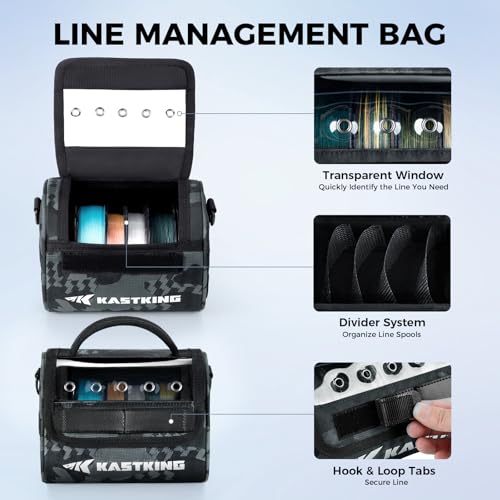 KastKing BaitSpace Line Management Bag, Fishing Line Storage Bag with Water Resistant Nylon, Clear View Window, Removable Divider, Tangle-free Leader Line Holder - color: A: Black Camo-Medium