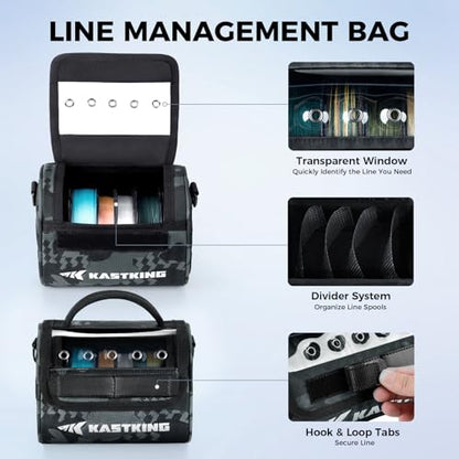 KastKing BaitSpace Line Management Bag, Fishing Line Storage Bag with Water Resistant Nylon, Clear View Window, Removable Divider, Tangle-free Leader Line Holder - color: A: Black Camo-Medium