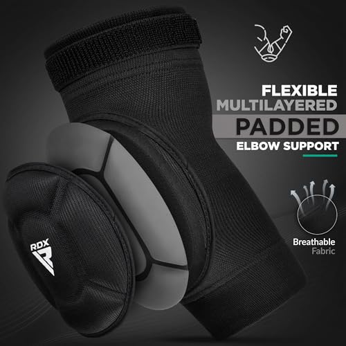 RDX Elbow Pads, Muay Thai MMA Kickboxing Sparring Elbow Guard, Martial Arts Striking Protection,Wrestling Basketball Adjustable MTB Volleyball Compression Padded Sleeve, Men Women - color: Black White, size: Medium