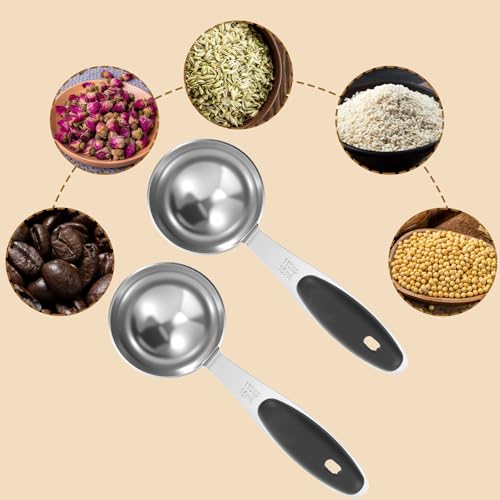 2 Pcs 1 Tbsp (3tsp, 15ml, 1/2oz) Single Measuring Spoons, Stainless Steel with Black Silicone Grip Long Handle Measuring Scoop for Coffee Pet Food Grains Protein Spices Dry Goods - color: Black