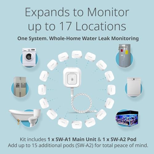 D-Link Next-Gen WiFi Water Leak Detector Starter Kit with 2 sensors—Loud 100 dB Sound Alarm—App Alert—LED Strobe Light—No Hub Required—Works with Google—1000ft Ultra-Long Range—Expandable (SW-A11KT)
