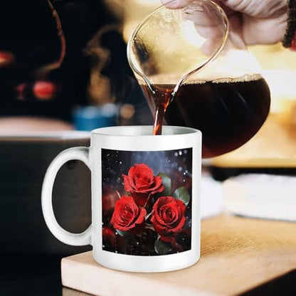 11oz White Ceramic Coffee Mug Funny Romantic Red Roses Tea Cup Microwave & Dishwasher Safe, Lead-Free for Home Office Daily Use & Gifting - color: Romantic Red Roses