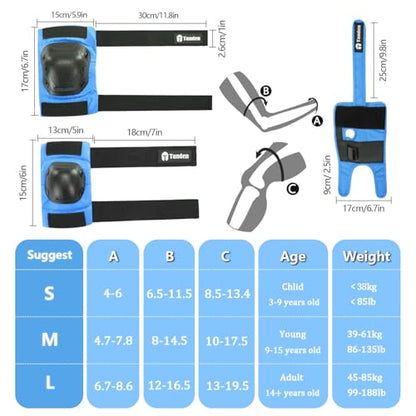 Tanden Skate Protective Gear Adult Knee Pads and Elbow Pads Set Wrist Guard - color: Blue, size: Youth (9-15 years)