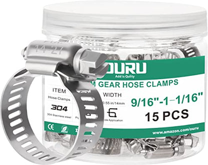 15PCS Hose Clamps Stainless Steel Adjustable 9/16"– 1-1/16"(14-27mm) Worm Gear Hose Clamp, Heavy Duty Metal Small Hose Clamps for Automotive, Pipe, Radiator Plumbing, Fuel Line - size: 9/16"-1-1/16"(14-27mm)