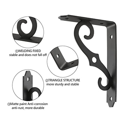 HOME MASTER HARDWARE Decorative Shelf Brackets 5x3-1/2 in Wall Mounted Floating Shelf Bracket L Heavy Duty Support Corner Brace Joint Right Angle Bracket for DIY Open Shelving with Screws Black 2 Pcs
