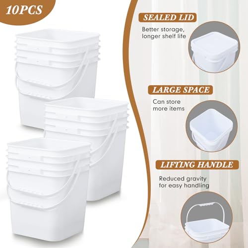 10 Pcs 3.5 Gallon Square Food Grade Bucket with Lid Plastic Buckets Pail with Handle Lid Heavy Duty Buckets for Storing Dry Food Charcoal Camping Fishing(White) - color: White, style: Square