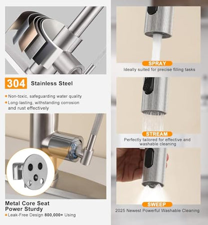 Kitchen Faucet, Pull Down Sprayer Kitchen Sink Faucet, Single Handle High-Arc with 3 Function Spray Head, 1 or 3 Hole Installation, Suitable for Farmhouse Laundry Rv Bar (Brushed Nickle)