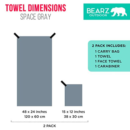 Microfiber Towel Set by BEARZ Outdoor. Microfiber Towels for Body, Workout Towel, Camp Towel, Yoga Towel, Sweat Towel, Microfiber Beach Towel, Travel Towel. Fast Drying & Compact. Free Face Towel - color: Space Gray (2 Pack)