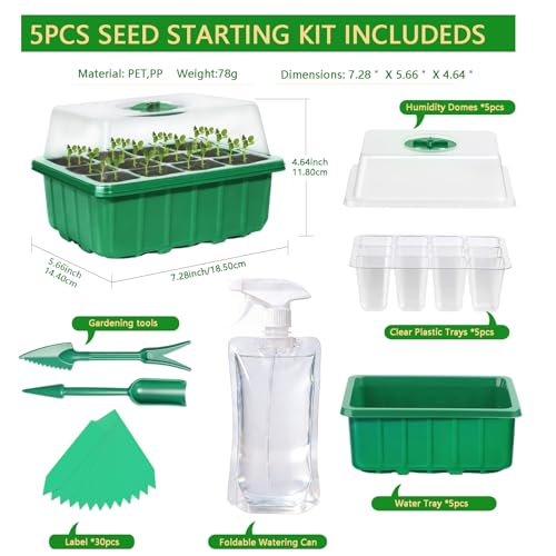 Seed Starter Tray Kit, 5 Pcs Seed Starting Trays with Humidity Dome and Base Plant Starter Kit for Seed Germination and Growing, with Plant Labels and Foldable Watering Can