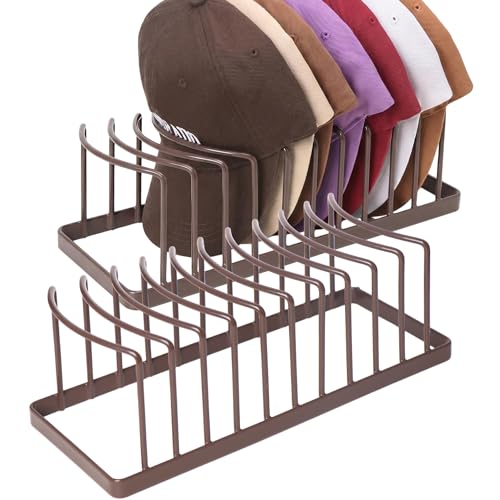 Hat Organizer for Baseball Caps - 2 Pack Hat Stand Holds 20 Caps | Heavy Duyt Hat Rack, Space Saving Hat Holder, No Assembly Required for Tabletop, Closet, Wardrobe, Preserves Hat Shape Brown - color: Brown 2 Pack