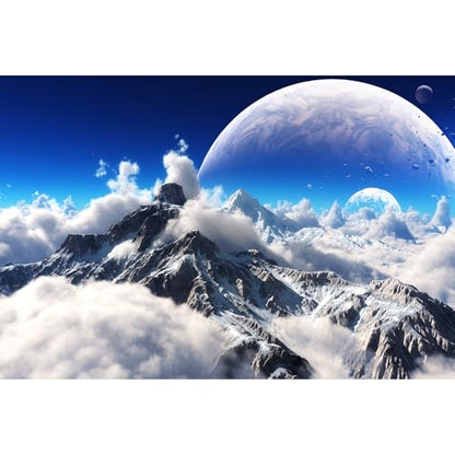 Celestial Aquarium Backdrop Snow Capped Mountains Alien Planet Terrarium Background Space Planets and Natural Landscape Fish Tank Backdrop Tranquil Natural Cloudy Sky Aquarium Backdrops 24x16in - color: White_Blue, size: 24(W)x16(H)in