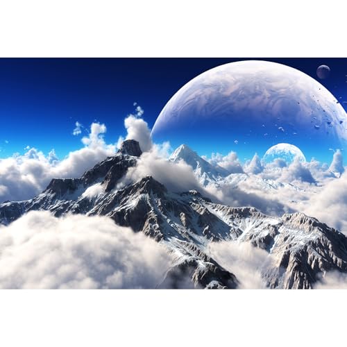 Celestial Aquarium Backdrop Snow Capped Mountains Alien Planet Terrarium Background Space Planets and Natural Landscape Fish Tank Backdrop Tranquil Natural Cloudy Sky Aquarium Backdrops 30x12in - color: White_Blue, size: 30(W)x12(H)in