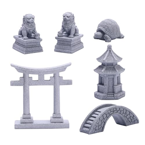 6 PCS Mini Zen Garden Accessories, Miniature Garden Bridge Foo Dogs Torii Gate Sandstone Figurines Meditation Zen Decor Japanese Fish Tank Terrarium Bonsai Decorations (Art Deco)