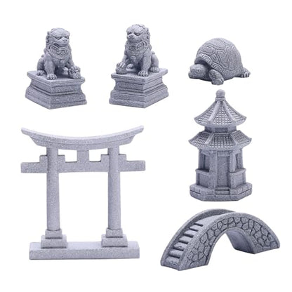 6 PCS Mini Zen Garden Accessories, Miniature Garden Bridge Foo Dogs Torii Gate Sandstone Figurines Meditation Zen Decor Japanese Fish Tank Terrarium Bonsai Decorations (Art Deco)