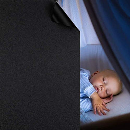 Total Blackout Window Film 100% Light Blocking Non Adhesive No Residue Removable Opaque Static Cling Privacy Glass Tint for Home Bedroom Darkening Heat Control (17.5 in x 13.1 Ft) - color: Black, size: 17.5 Inch x 13.1 Feet