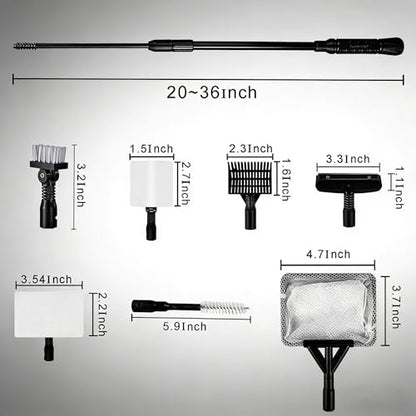6IN1+1 (2026 New Upgrade Edition) Aquarium Cleaning Tools Long Handle Adjustable Length 20~36Inches Fish Tank Cleaner Kit Algae Scraper Scrubber Brushes Set - size: 20~36In