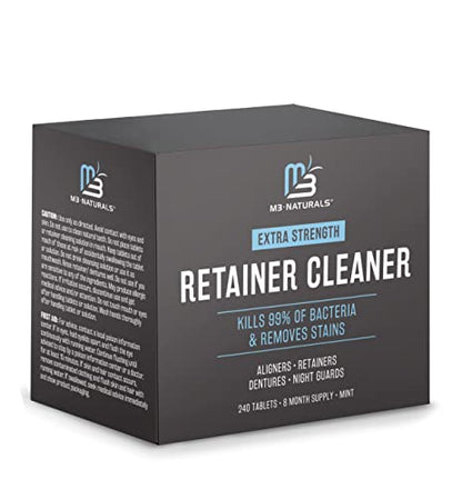 Retainer Cleaner Tablets, Denture Cleaner, Mint, 8 Month Supply by M3 | Compatible with Retainer Cleaner Machine & Ultrasonic Retainer Cleaner, Helps Remove Tough Stains, Buildup, Odors & Plaque - size: 240 Count (Pack of 1)