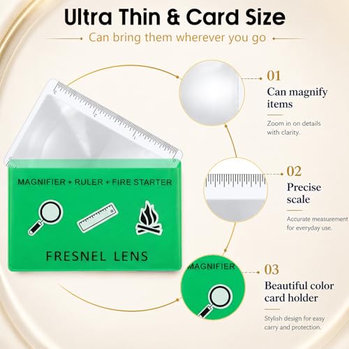 Frienda 50 Pcs Pocket Magnifying Glass 4X Fresnel Lens Credit Card Pocket Magnifier Plastic Ruler Starting Fire Emergency Bushcraft Outdoor Survival Leisure for Classroom Home Office (Green) - color: Green