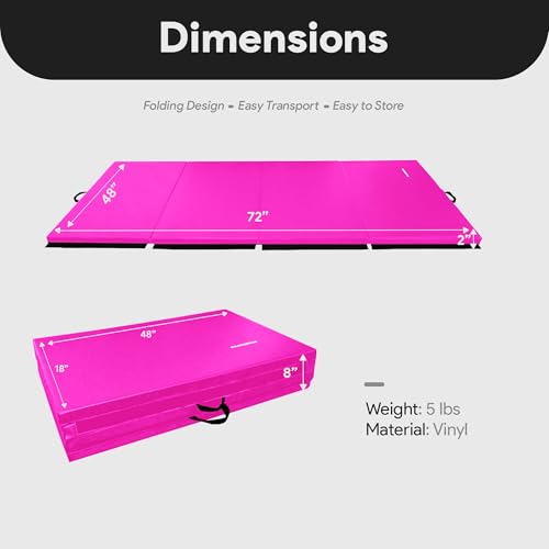 BalanceFrom 6x4 Feet 4-Panel Folding Gymnastics Mat – 2-Inch Thick Pad with Vinyl Surface and Carrying Handles for Tumbling, Yoga, Pilates, Home Workouts, and Martial Arts - color: Pink