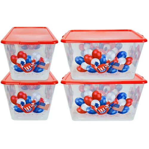 Storage Totes with Lids 4PC - Made in USA 14.5-Gallon Colorful Printed Decorative Design Storage Boxes Storage Bins with Lids Plastic Storage Containers for Organizer Red/Patriotic Balls - color: 4PC Red/Balls